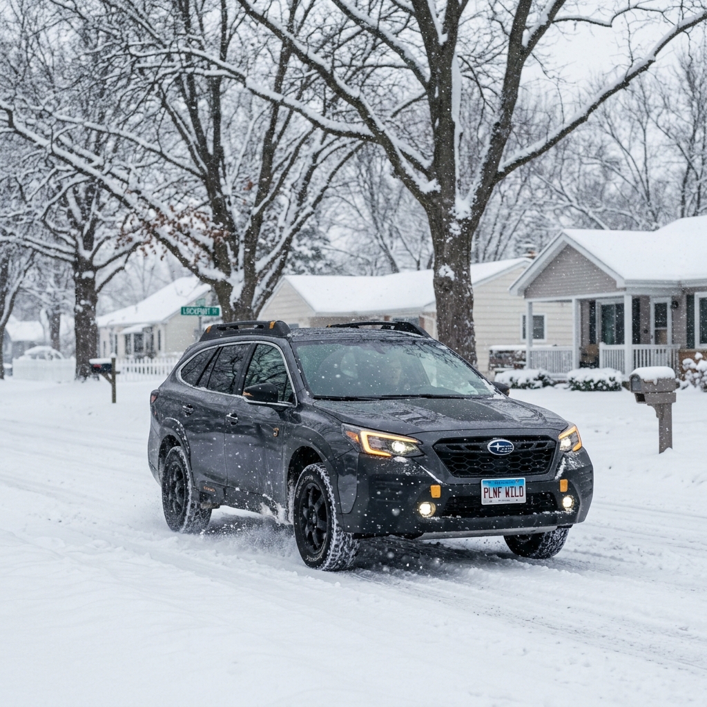 A dark grey Subaru Outback Wilderness driving down a snow-covered residential street during winter. (Representative image for illustration purposes only. Actual vehicle may vary based on trim and configuration.)