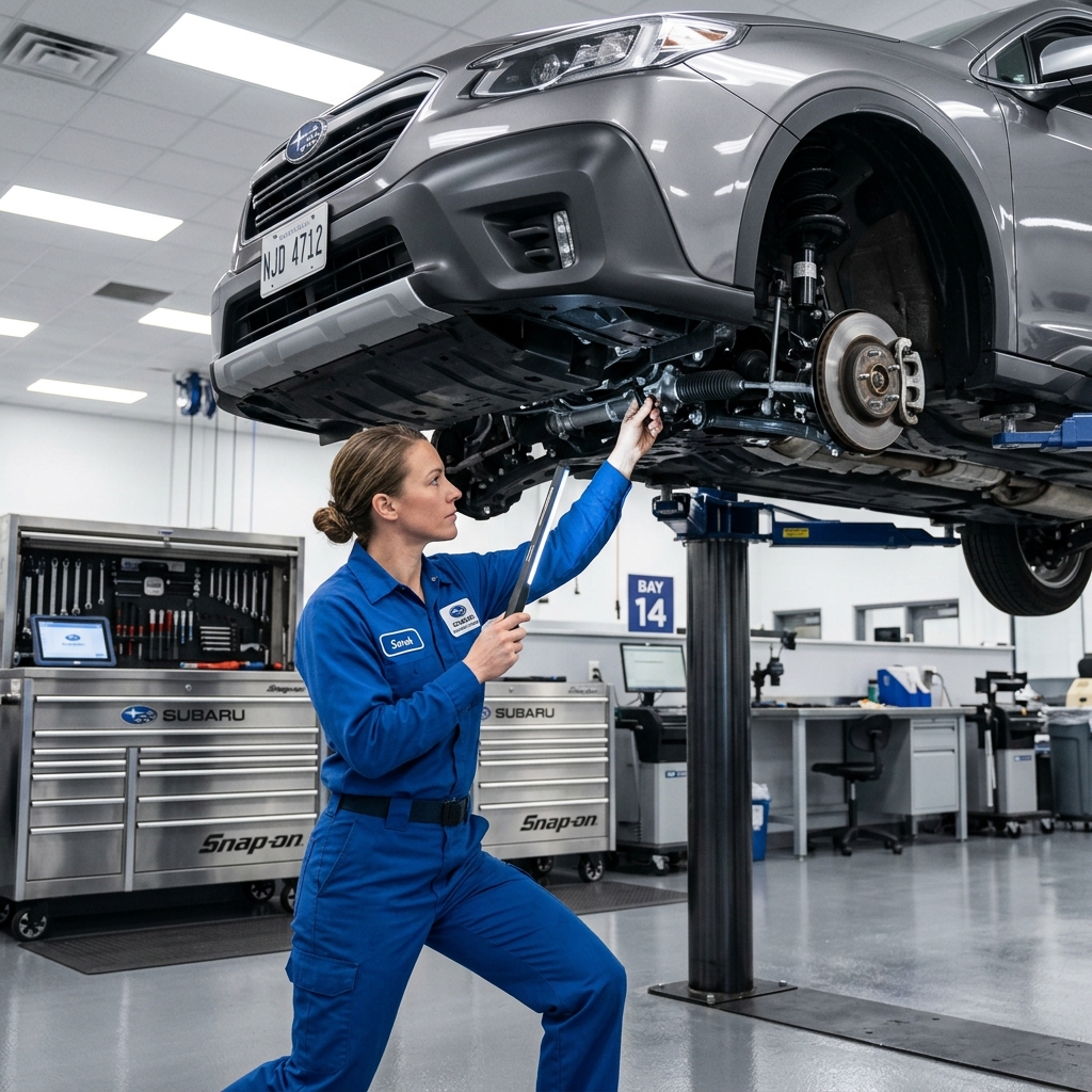 A female Subaru technician inspecting the undercarriage of a car raised on a hydraulic lift with an inspection light. (Representative image for illustration purposes only. Actual vehicle may vary based on trim and configuration.)