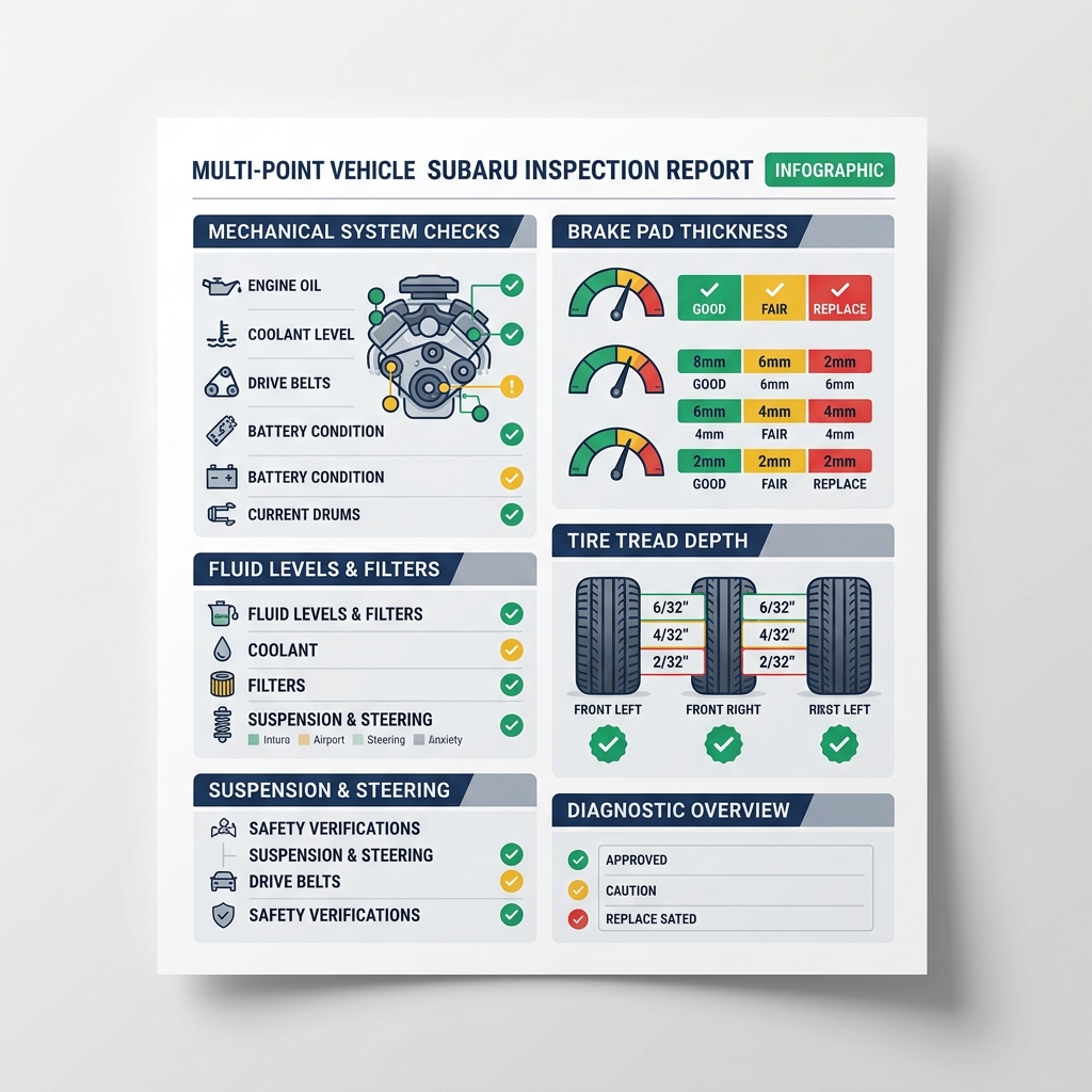 Subaru multi-point vehicle inspection report poster displaying diagrams for brake pad thickness, tire tread, and mechanics. (Representative image for illustration purposes only. Actual vehicle may vary based on trim and configuration.)