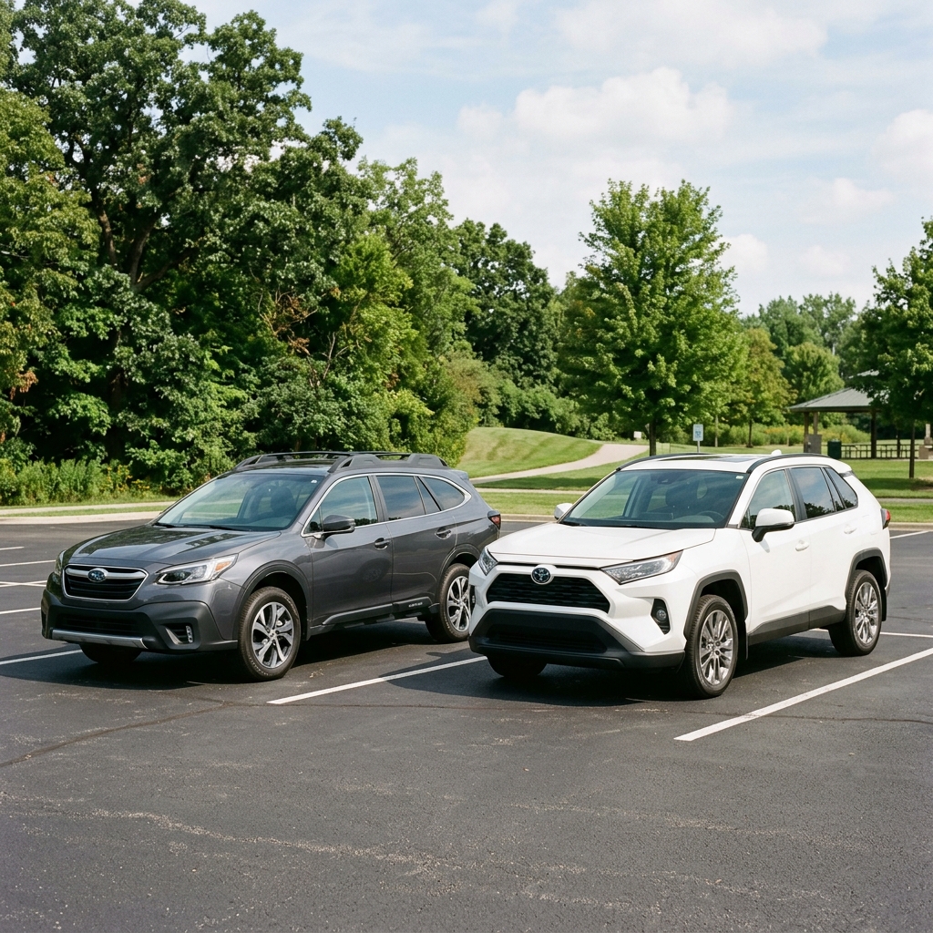 A dark grey Subaru Outback wagon and a white Toyota RAV4 SUV parked side by side in an open parking lot. (Representative image for illustration purposes only. Actual vehicle may vary based on trim and configuration.)