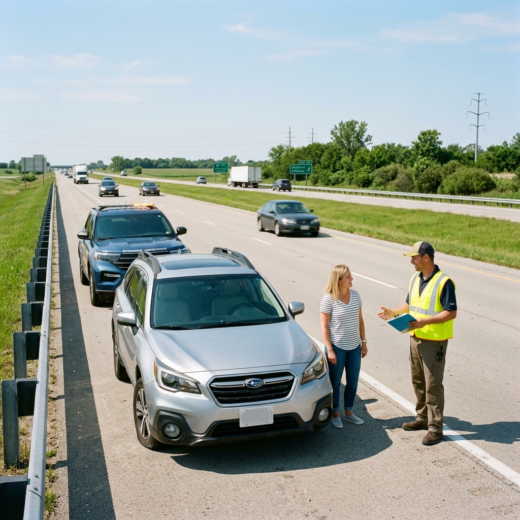 A roadside assistance worker with a clipboard talks to a driver beside her silver SUV on a highway shoulder. (Representative image for illustration purposes only. Actual vehicle may vary based on trim and configuration.)