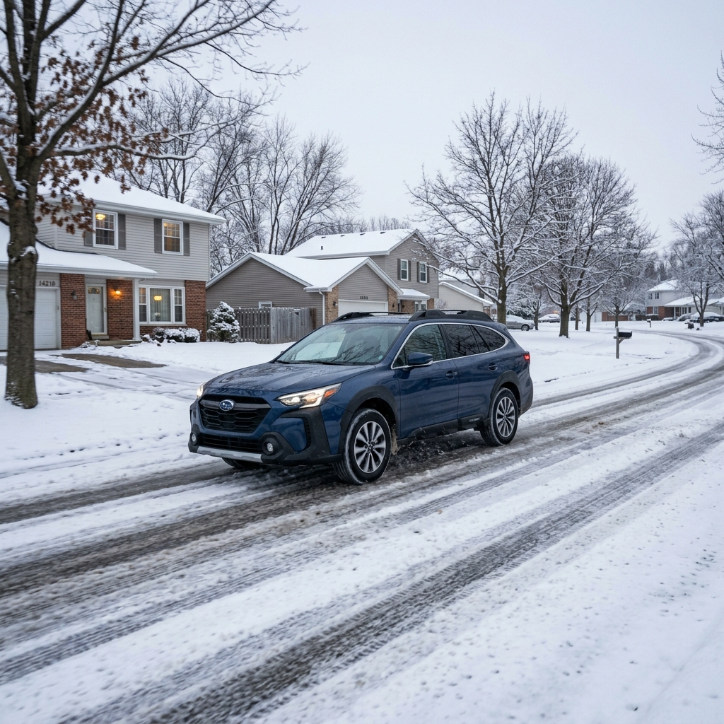 A blue Subaru Outback drives down a snowy residential street past suburban houses in winter. (Representative image for illustration purposes only. Actual vehicle may vary based on trim and configuration.)