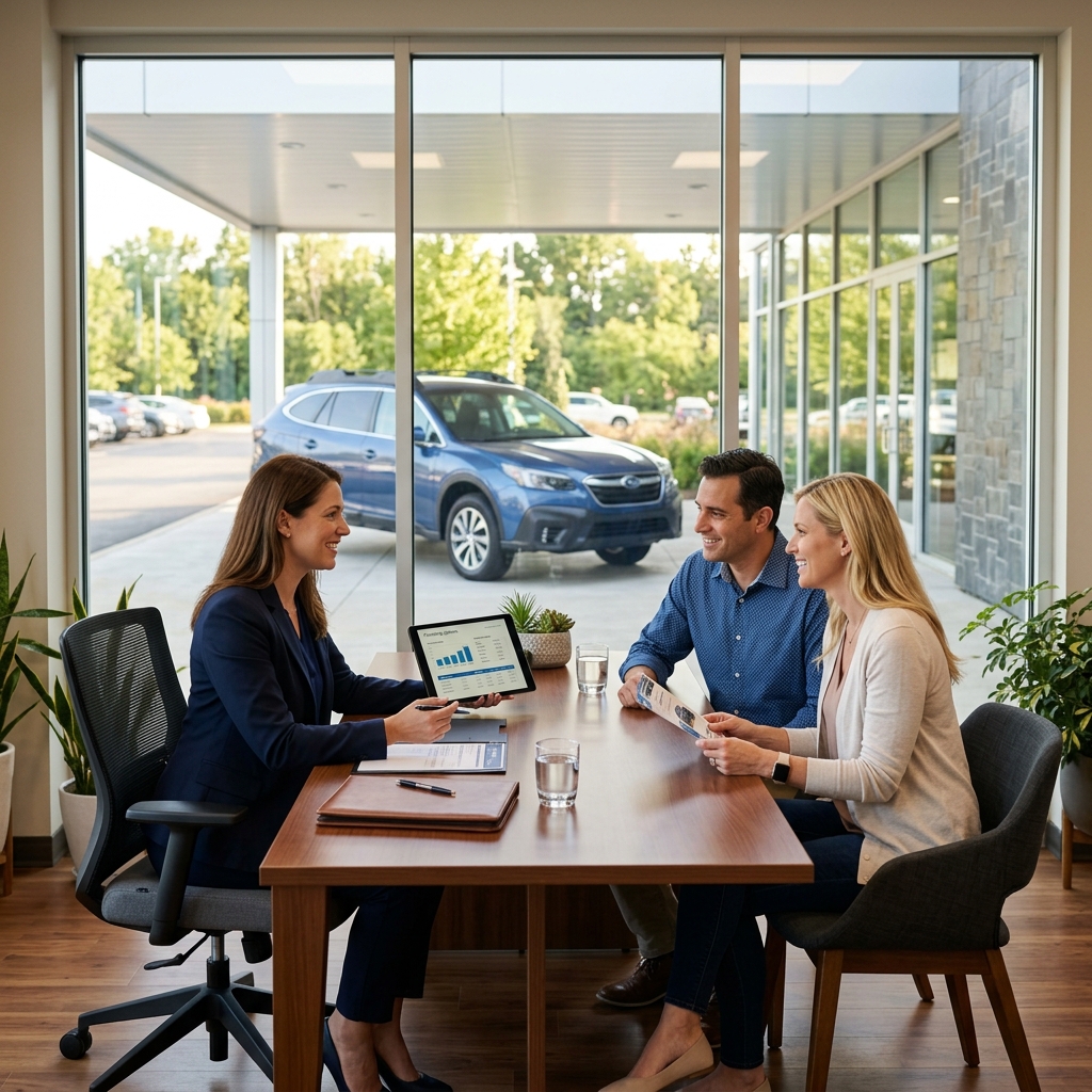 Car dealership agent showing financial graphs on a tablet to a smiling couple sitting at a wooden desk. (Representative image for illustration purposes only. Actual vehicle may vary based on trim and configuration.)