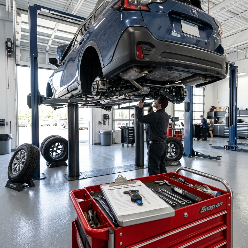 An auto mechanic inspects the undercarriage of a blue SUV raised on a hydraulic lift in a modern repair shop. (Representative image for illustration purposes only. Actual vehicle may vary based on trim and configuration.)