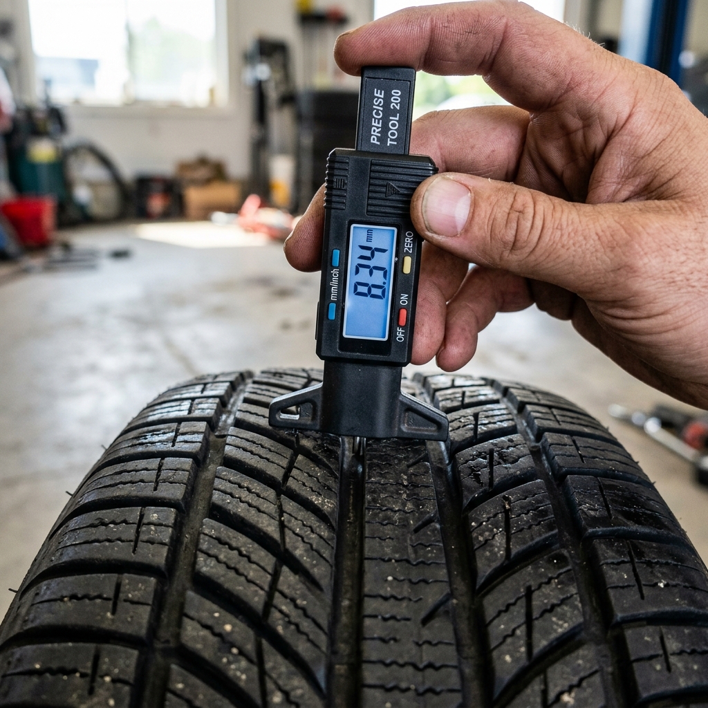 Digital gauge measuring tire tread depth in a garage, displaying 8.34 mm. (Representative image for illustration purposes only. Actual vehicle may vary based on trim and configuration.)