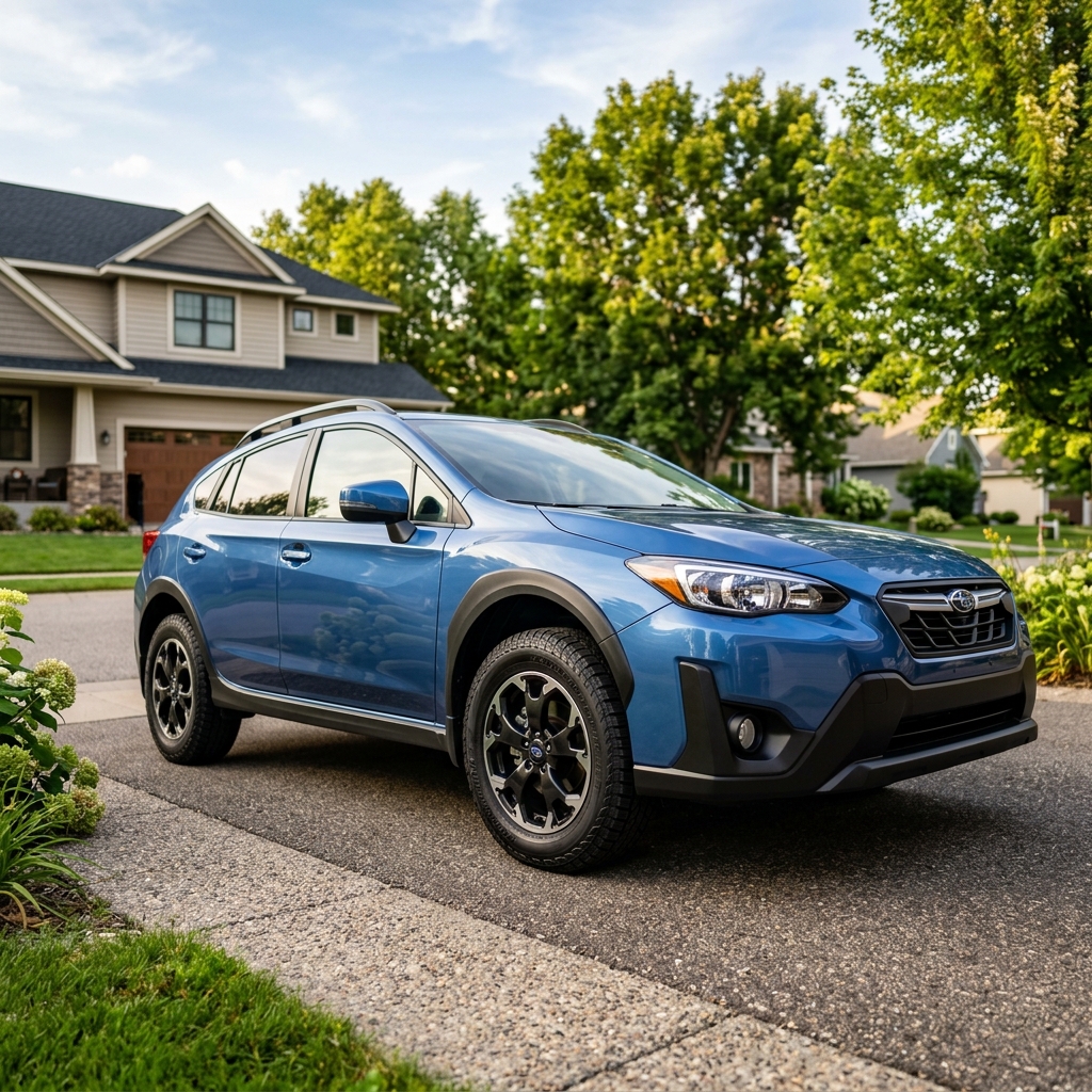A metallic blue Subaru Crosstrek parked on a paved driveway outside a suburban house surrounded by green trees. (Representative image for illustration purposes only. Actual vehicle may vary based on trim and configuration.)