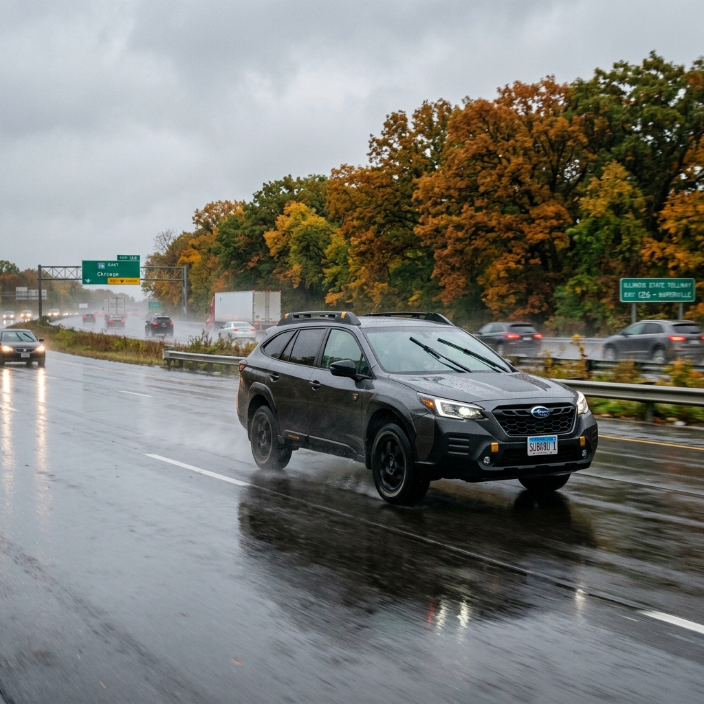 Dark grey Subaru driving on a wet highway during a rainy autumn day with colorful fall trees in the background. (Representative image for illustration purposes only. Actual vehicle may vary based on trim and configuration.)
