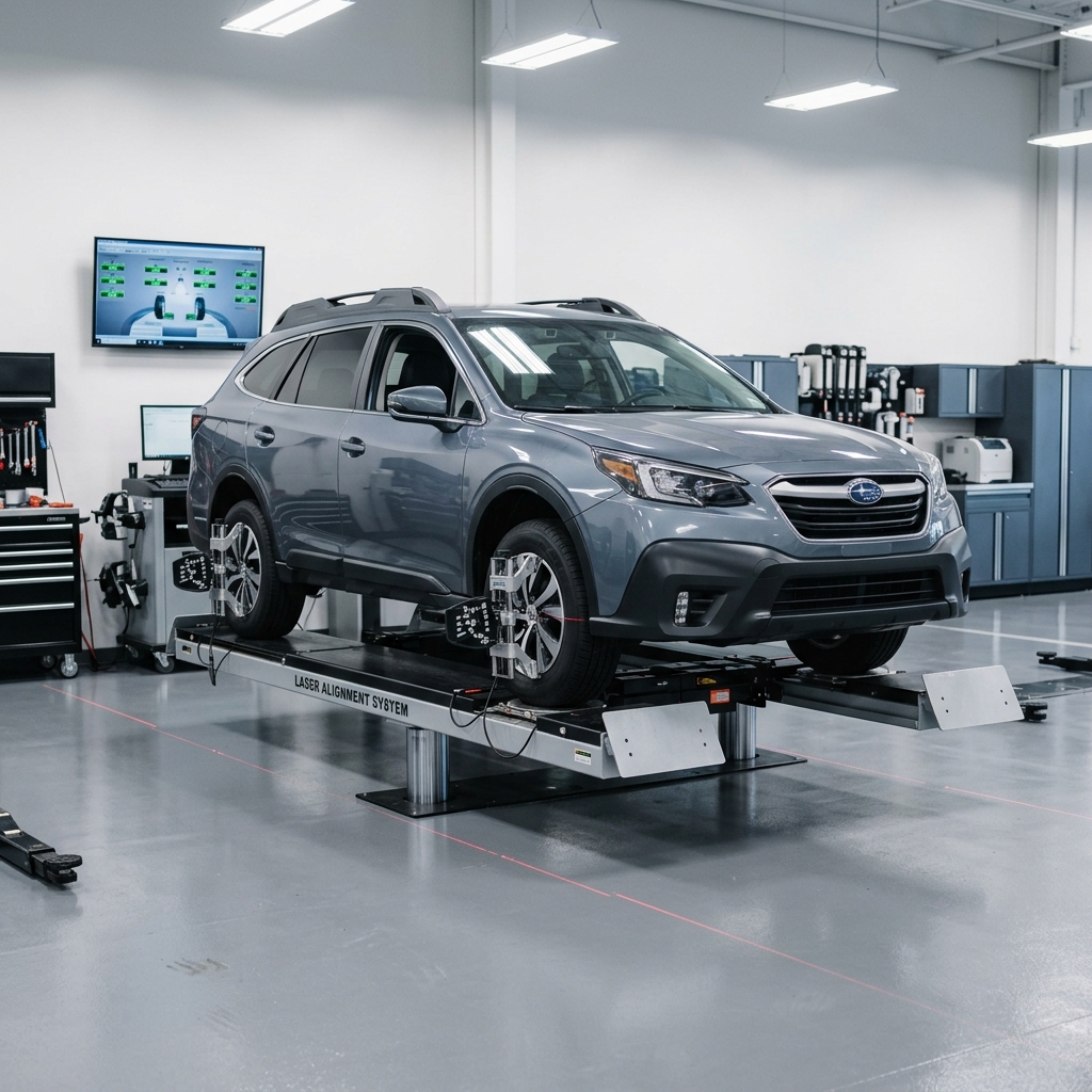 A gray Subaru Outback elevated on a vehicle lift in a service bay, undergoing a laser wheel alignment check. (Representative image for illustration purposes only. Actual vehicle may vary based on trim and configuration.)
