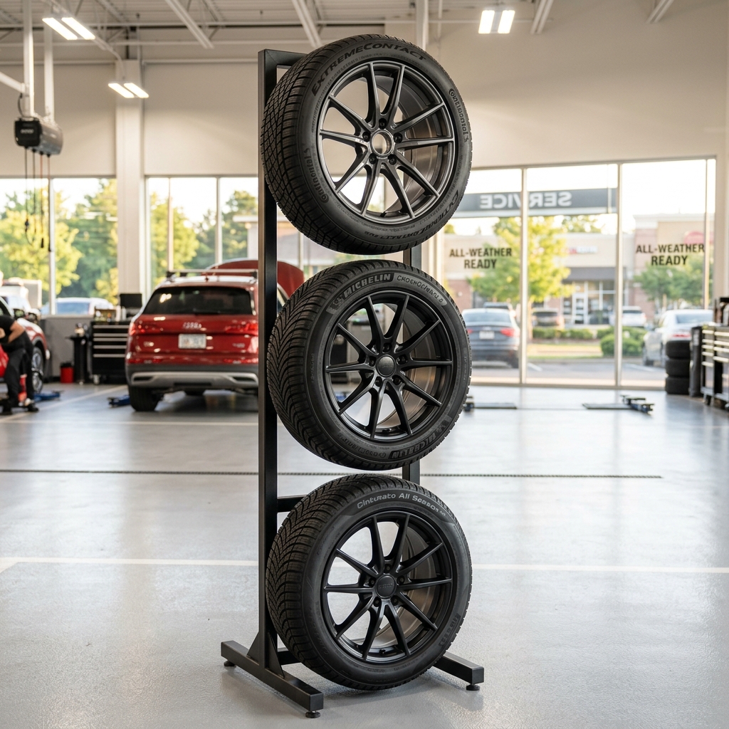 Three premium car tires on black custom rims mounted vertically on a display stand inside an auto service shop garage. (Representative image for illustration purposes only. Actual vehicle may vary based on trim and configuration.)