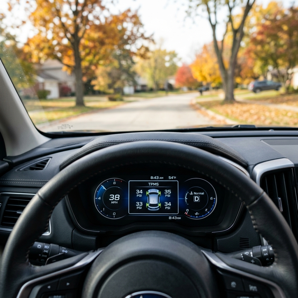 Driver's perspective of a car dashboard showing 38 MPH while driving down a suburban street with colorful autumn trees. (Representative image for illustration purposes only. Actual vehicle may vary based on trim and configuration.)