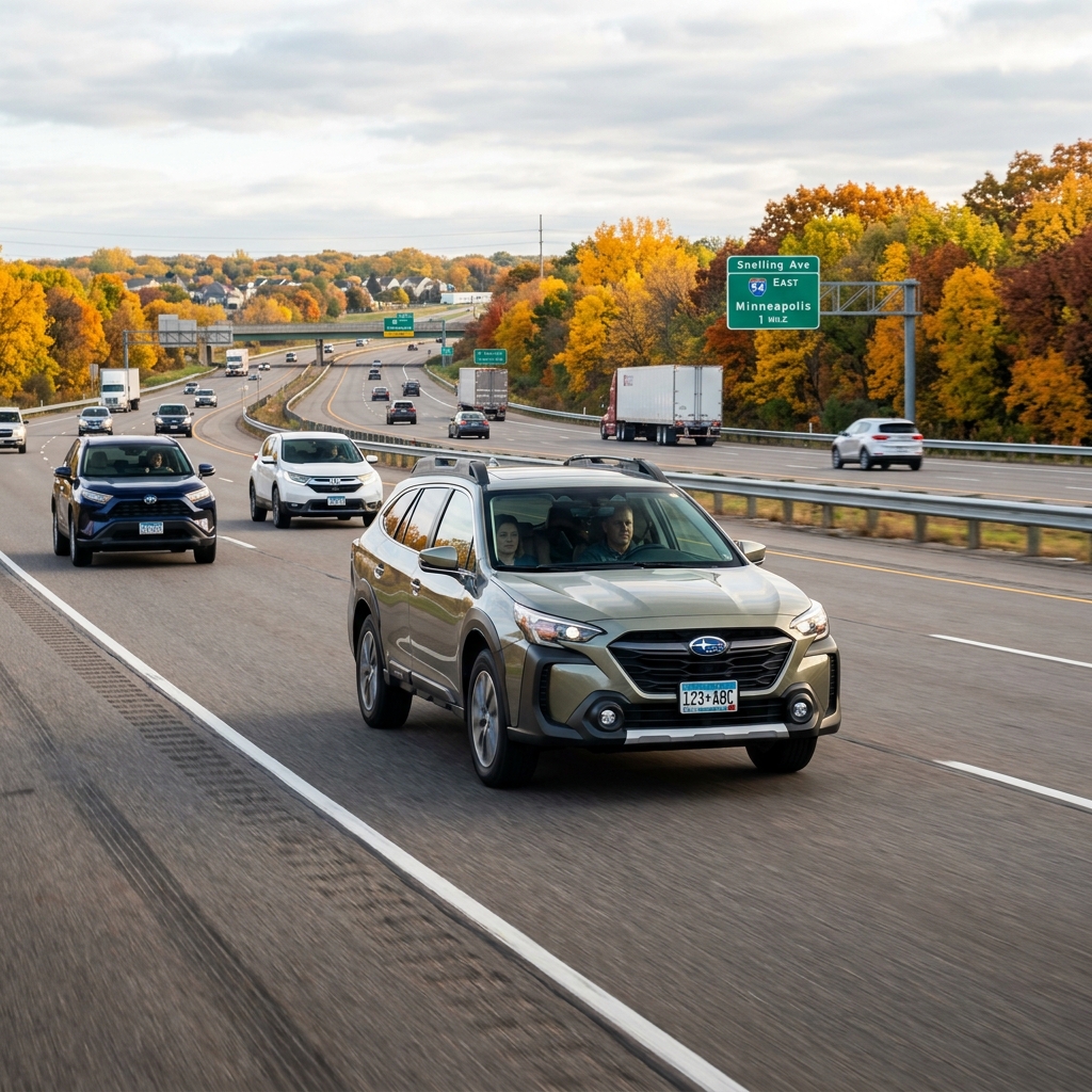 An olive green Subaru Outback drives along a busy highway surrounded by colorful autumn trees. (Representative image for illustration purposes only. Actual vehicle may vary based on trim and configuration.)