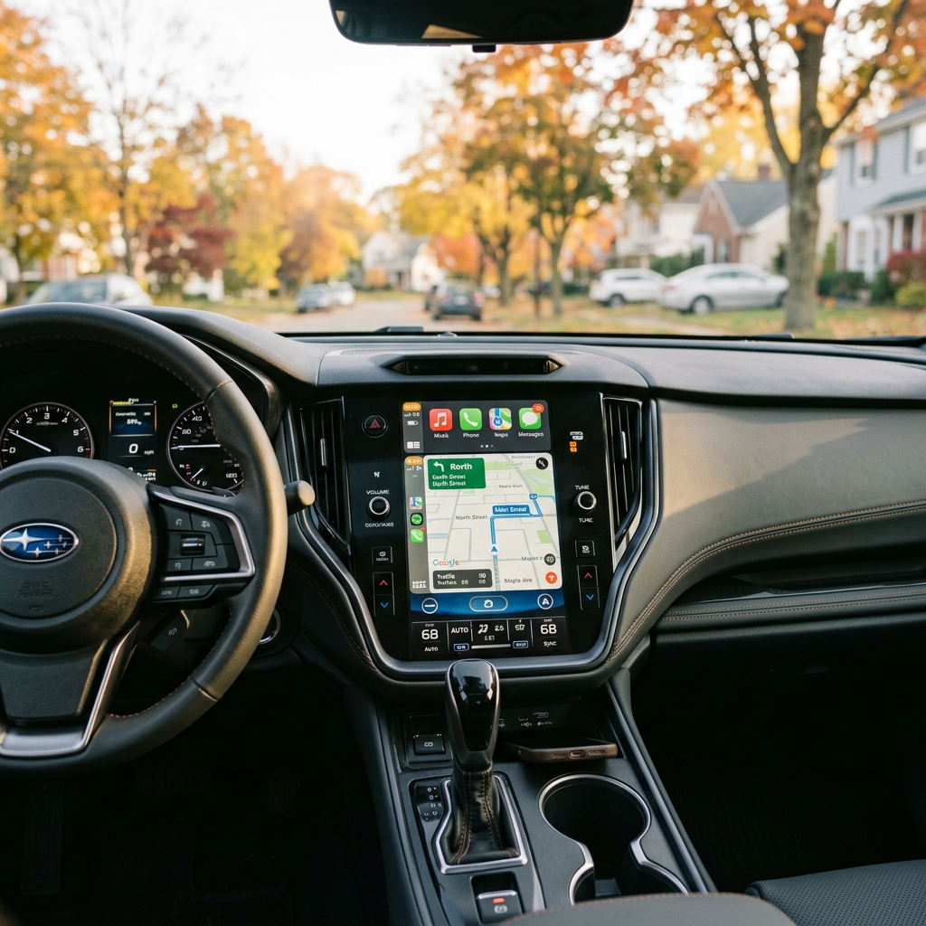 Subaru car dashboard with touchscreen navigation visible while parked on a suburban street in autumn. (Representative image for illustration purposes only. Actual vehicle may vary based on trim and configuration.)