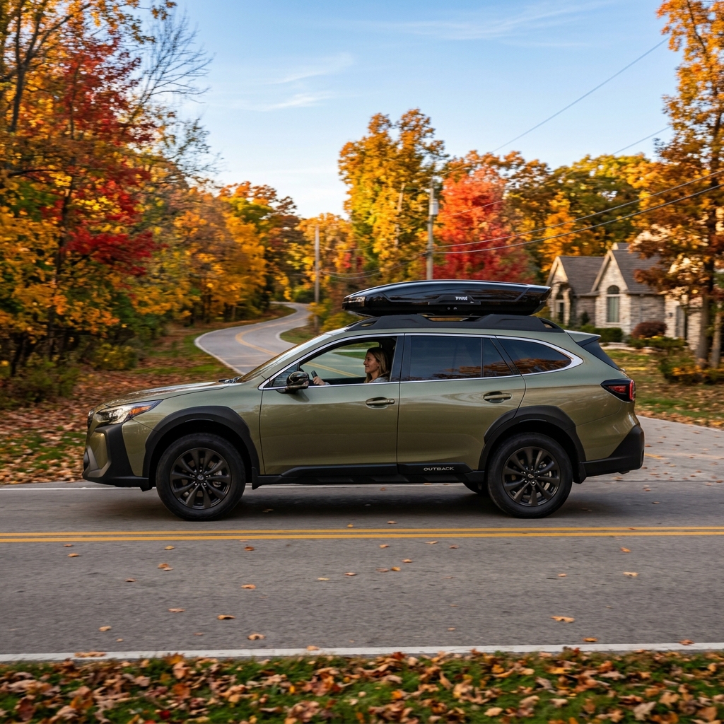 An olive green Subaru Outback with a roof cargo box drives along a road surrounded by colorful fall trees. (Representative image for illustration purposes only. Actual vehicle may vary based on trim and configuration.)