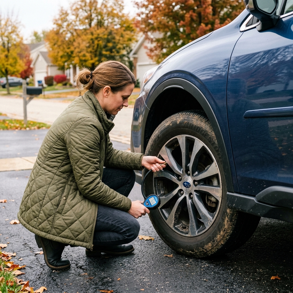 Woman crouching beside a blue car using a digital gauge to check the tire pressure on an autumn day. (Representative image for illustration purposes only. Actual vehicle may vary based on trim and configuration.)