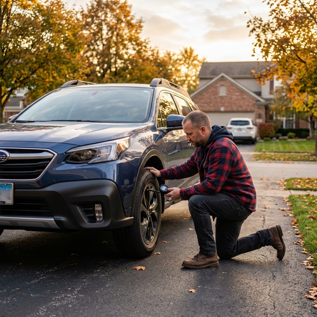 Man kneeling on a driveway to check the tire pressure of a blue SUV on an autumn day. (Representative image for illustration purposes only. Actual vehicle may vary based on trim and configuration.)