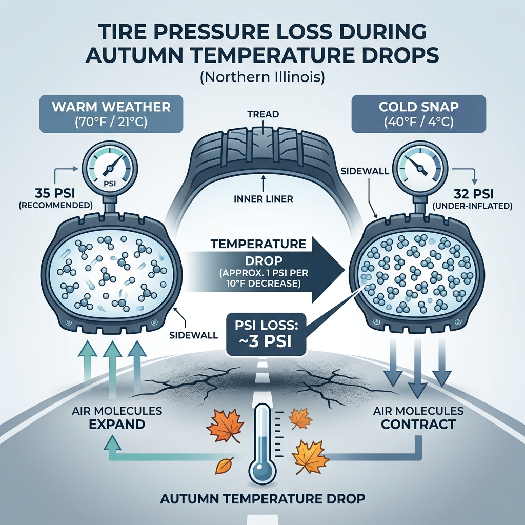 Infographic explaining how autumn temperature drops cause tire air pressure to decrease from 35 PSI to 32 PSI. (Representative image for illustration purposes only. Actual vehicle may vary based on trim and configuration.)