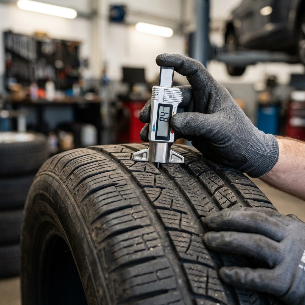 Mechanic using a digital depth gauge to measure car tire tread depth in an auto repair shop. (Representative image for illustration purposes only. Actual vehicle may vary based on trim and configuration.)