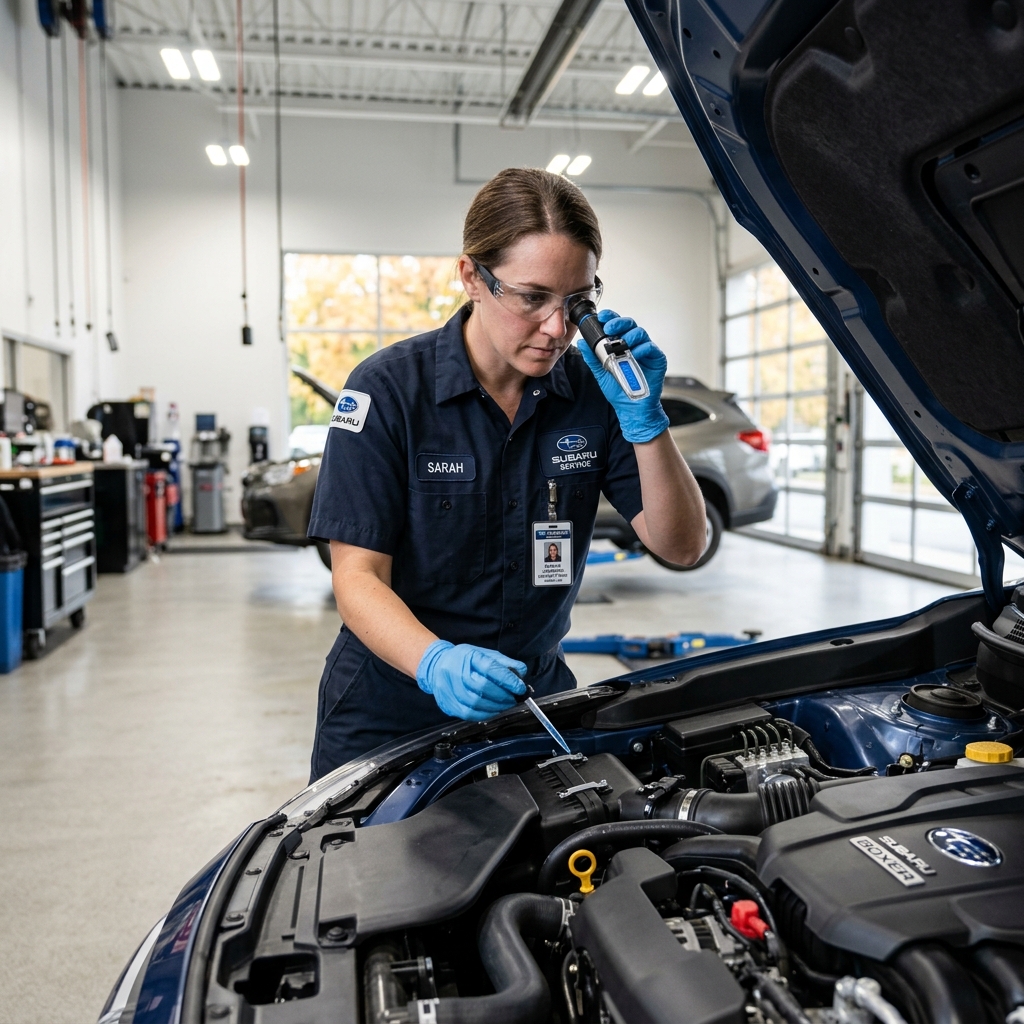 A female Subaru service technician wearing safety glasses and gloves uses a refractometer to inspect engine fluid. (Representative image for illustration purposes only. Actual vehicle may vary based on trim and configuration.)