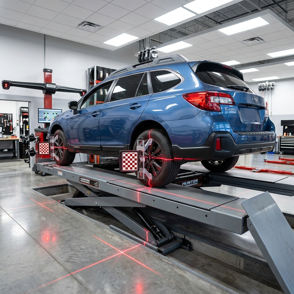 Blue SUV on a hydraulic lift undergoing precision wheel alignment with red laser beams in a clean auto service bay. (Representative image for illustration purposes only. Actual vehicle may vary based on trim and configuration.)