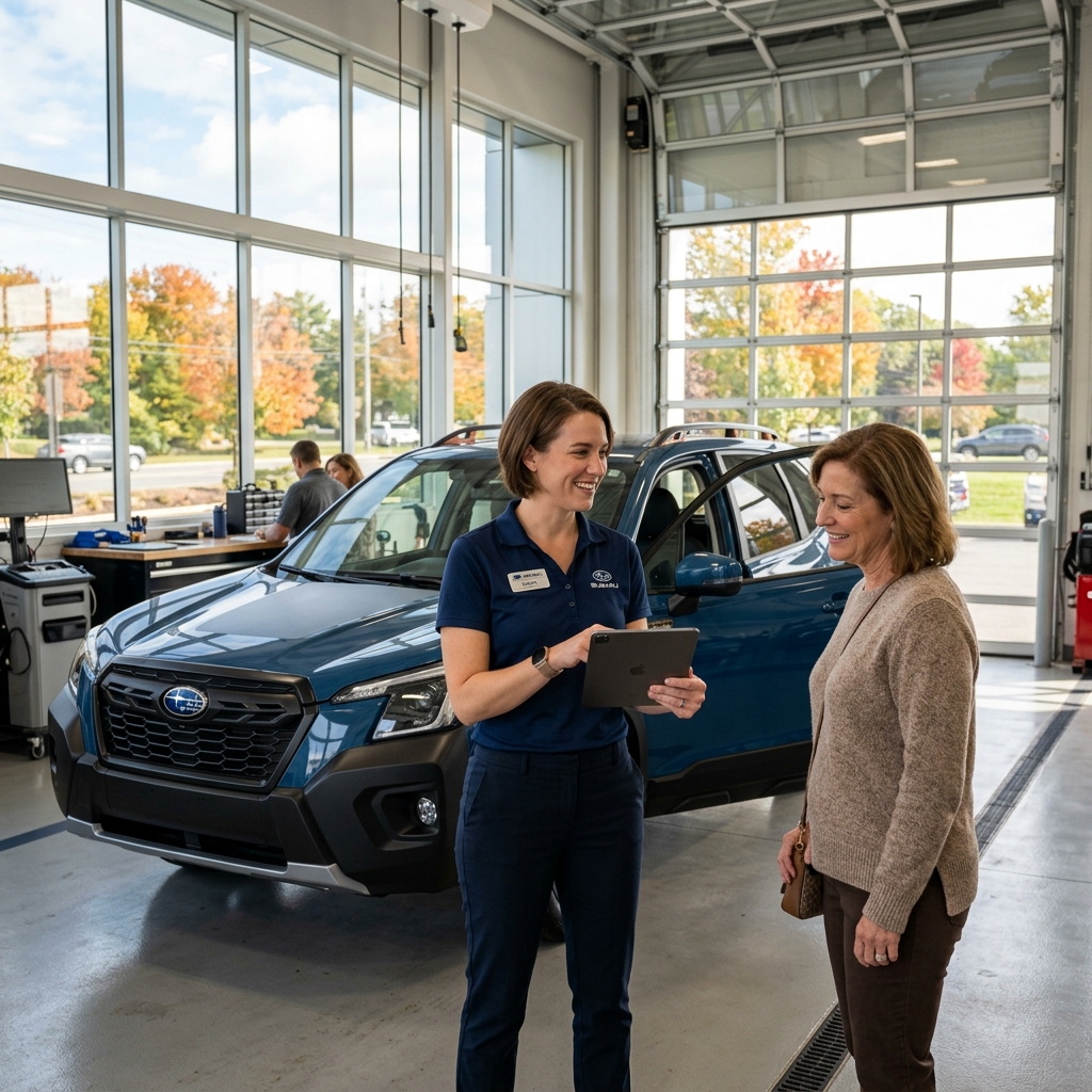 A Subaru service advisor holding a tablet while talking to a female customer next to a blue SUV. (Representative image for illustration purposes only. Actual vehicle may vary based on trim and configuration.)
