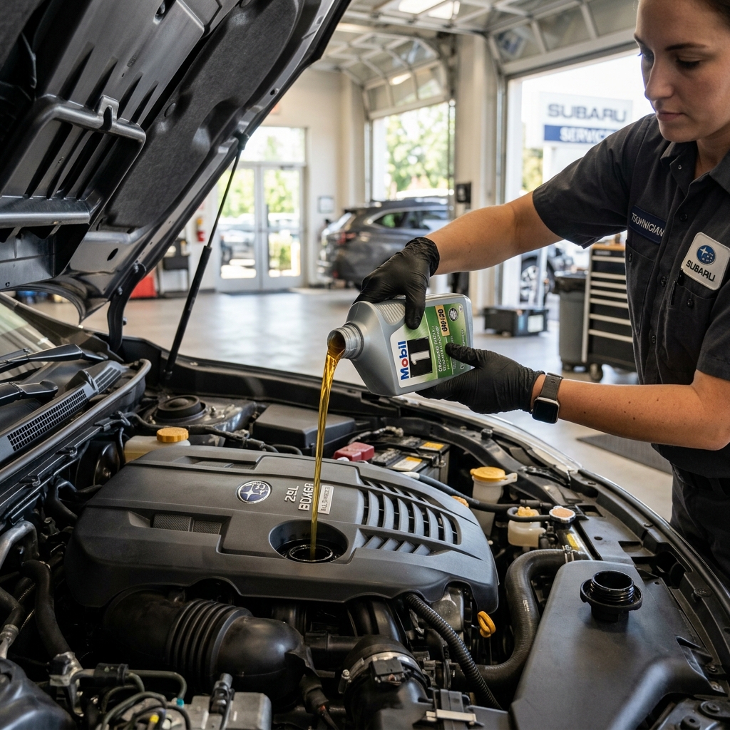 A Subaru service technician pouring motor oil into a car's engine during maintenance in a dealership garage. (Representative image for illustration purposes only. Actual vehicle may vary based on trim and configuration.)