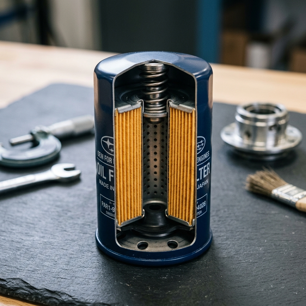 Cutaway cross-section of a blue Subaru oil filter displaying internal spring, pleated filter paper, and perforated tube. (Representative image for illustration purposes only. Actual vehicle may vary based on trim and configuration.)