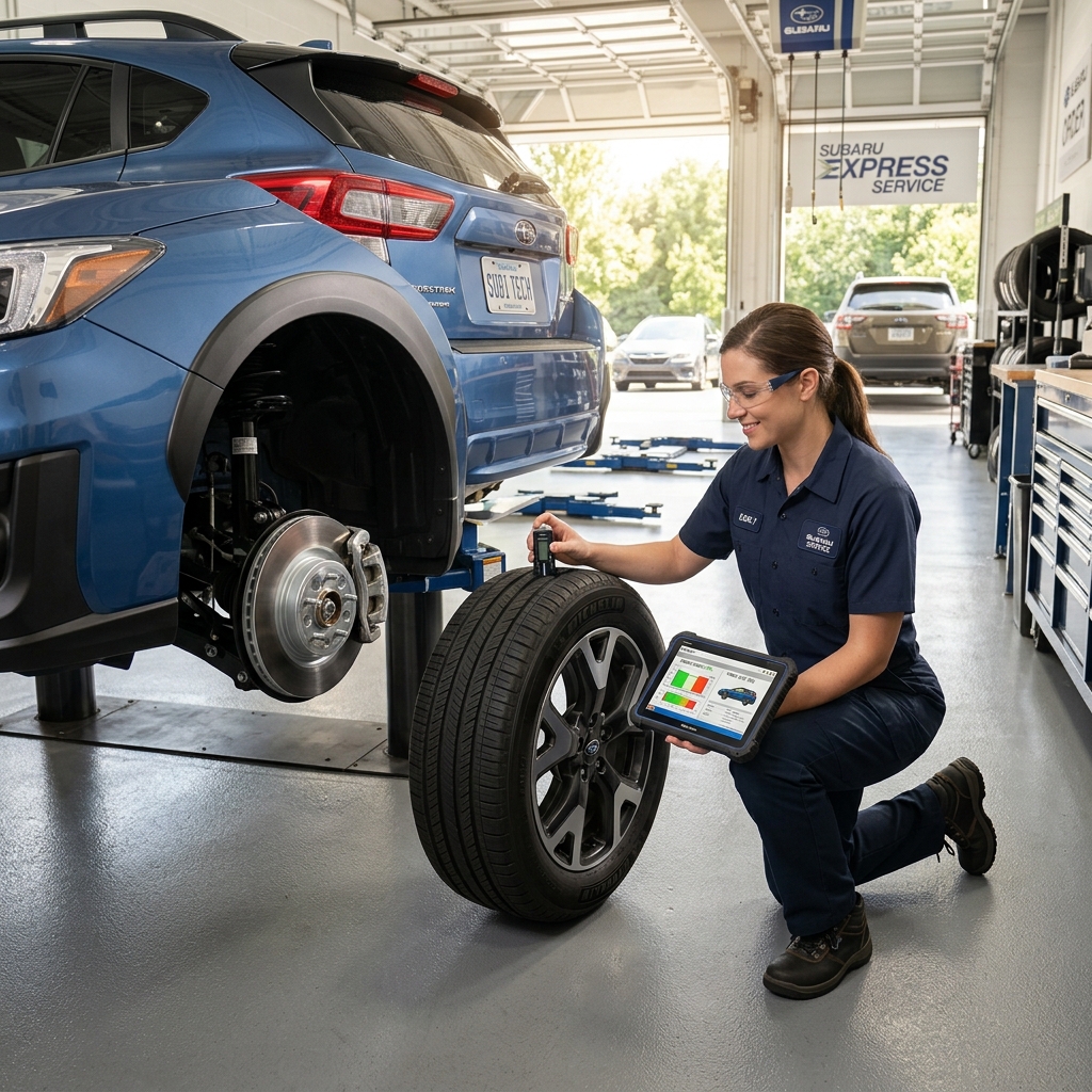 A female Subaru technician kneeling next to a tire, using a tread depth gauge and holding a diagnostic tablet. (Representative image for illustration purposes only. Actual vehicle may vary based on trim and configuration.)