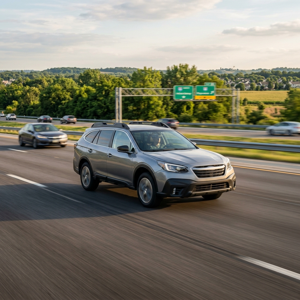 A silver Subaru Outback SUV driving along a multi-lane highway with green hills in the background. (Representative image for illustration purposes only. Actual vehicle may vary based on trim and configuration.)