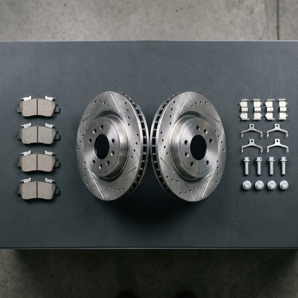 Two slotted drilled brake rotors, four brake pads, clips, and bolts laid out neatly on a dark gray surface. (Representative image for illustration purposes only. Actual vehicle may vary based on trim and configuration.)