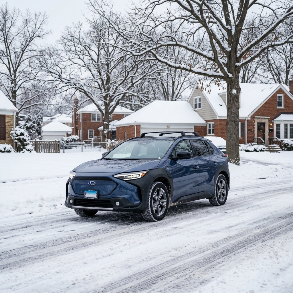 Blue Subaru Solterra electric SUV driving on a snow-covered residential street surrounded by snow-draped trees and houses. (Representative image for illustration purposes only. Actual vehicle may vary based on trim and configuration.)