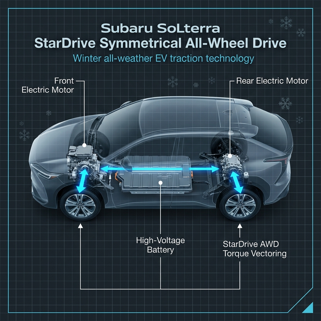 Diagram showing Subaru Solterra StarDrive AWD drivetrain components including electric motors and high-voltage battery. (Representative image for illustration purposes only. Actual vehicle may vary based on trim and configuration.)