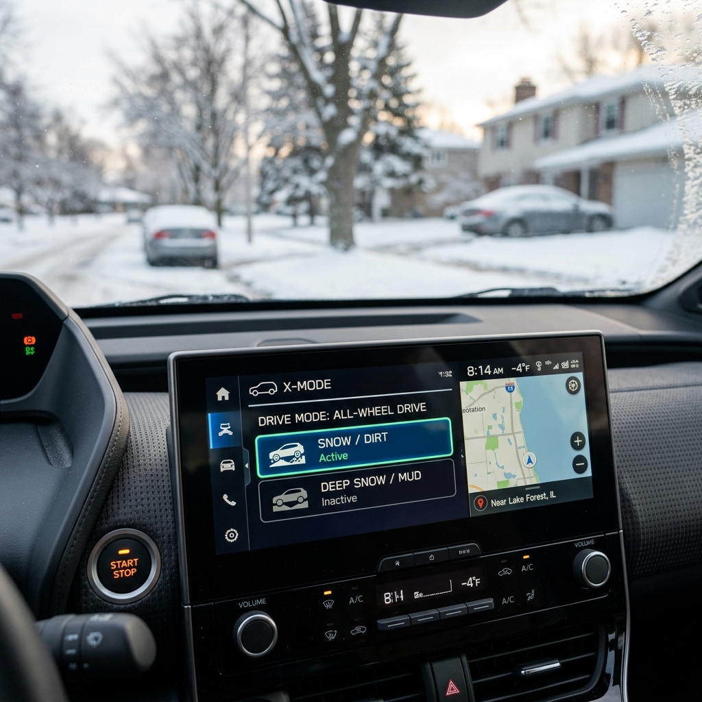 Dashboard view looking out at a snowy street with the infotainment screen showing active Snow/Dirt drive mode. (Representative image for illustration purposes only. Actual vehicle may vary based on trim and configuration.)