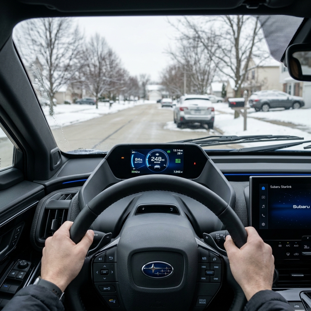 Driver's perspective holding the steering wheel of a Subaru electric car while driving down a snowy residential street. (Representative image for illustration purposes only. Actual vehicle may vary based on trim and configuration.)