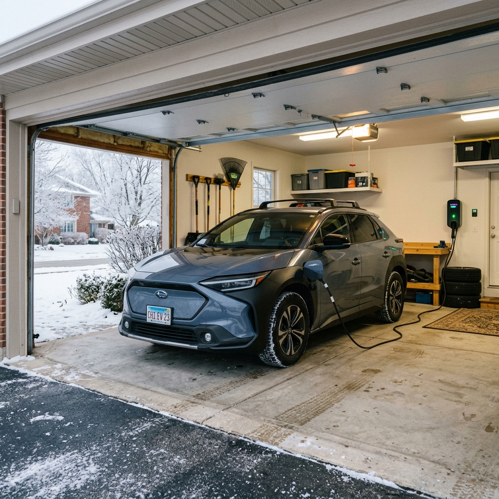 Blue-gray Subaru Solterra electric SUV charging inside an open residential garage on a snowy winter day. (Representative image for illustration purposes only. Actual vehicle may vary based on trim and configuration.)