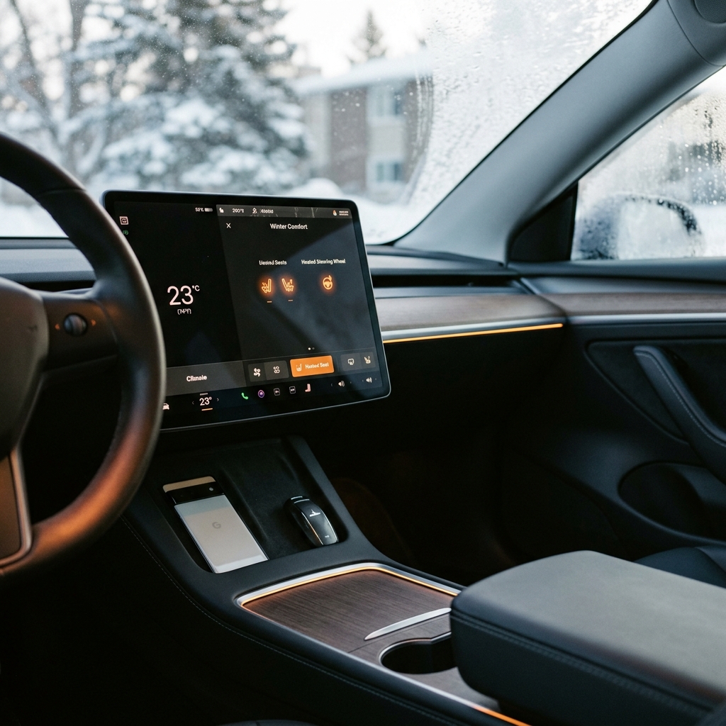 Modern car interior with a large touchscreen showing climate controls, ambient lighting, and snowy view outside. (Representative image for illustration purposes only. Actual vehicle may vary based on trim and configuration.)
