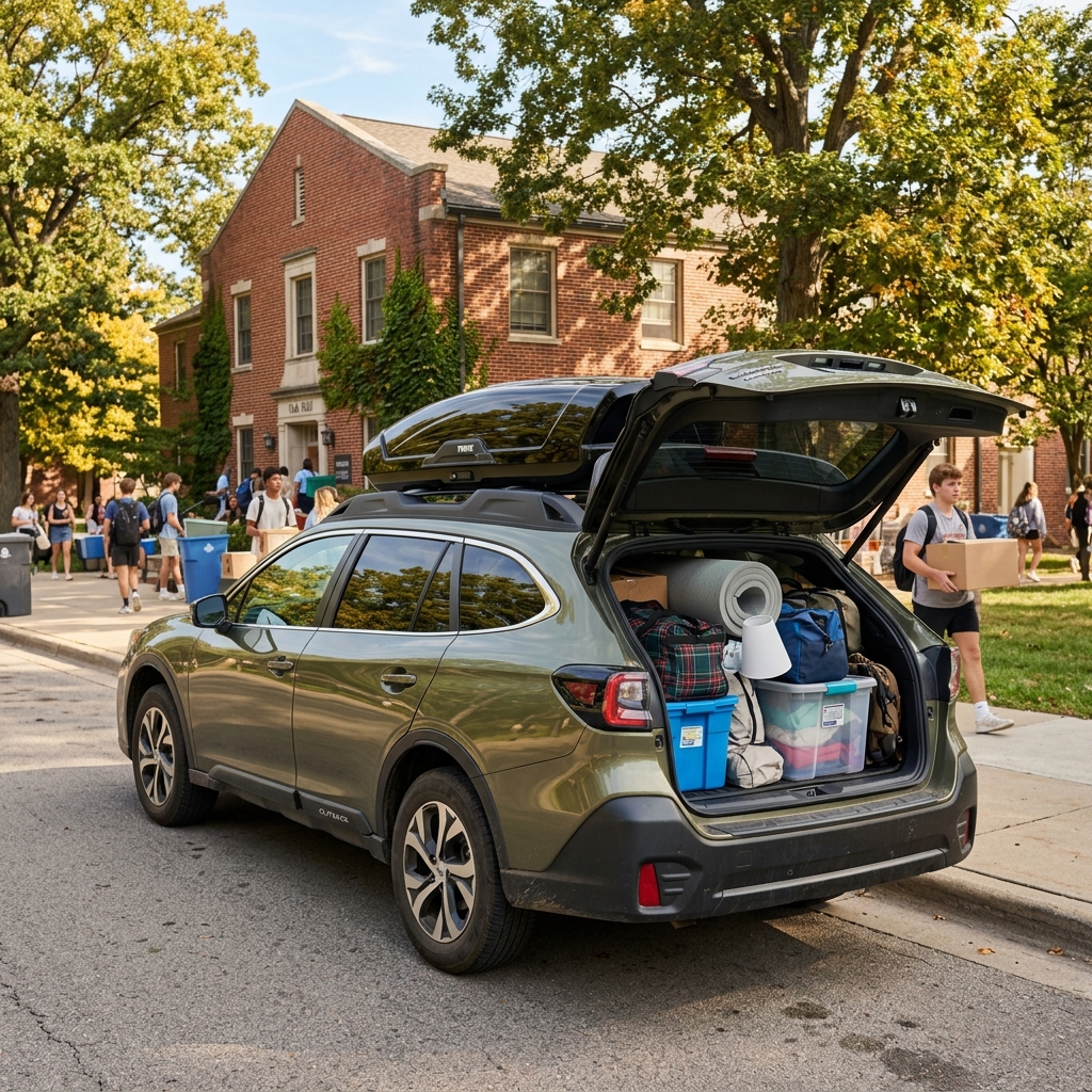 Green station wagon with an open trunk packed with college dorm supplies outside a brick campus building. (Representative image for illustration purposes only. Actual vehicle may vary based on trim and configuration.)