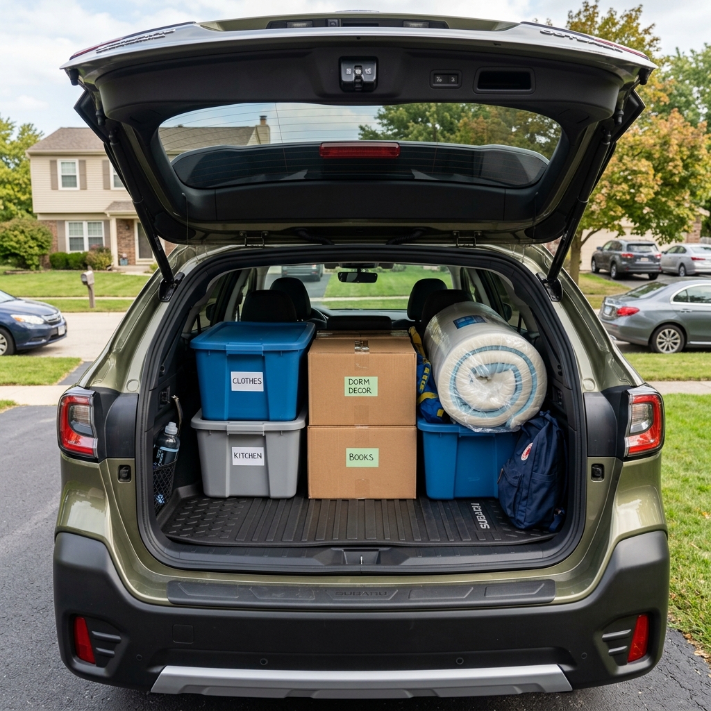 Open trunk of a car packed with labeled storage bins, cardboard boxes, a rolled mattress pad, and a backpack. (Representative image for illustration purposes only. Actual vehicle may vary based on trim and configuration.)