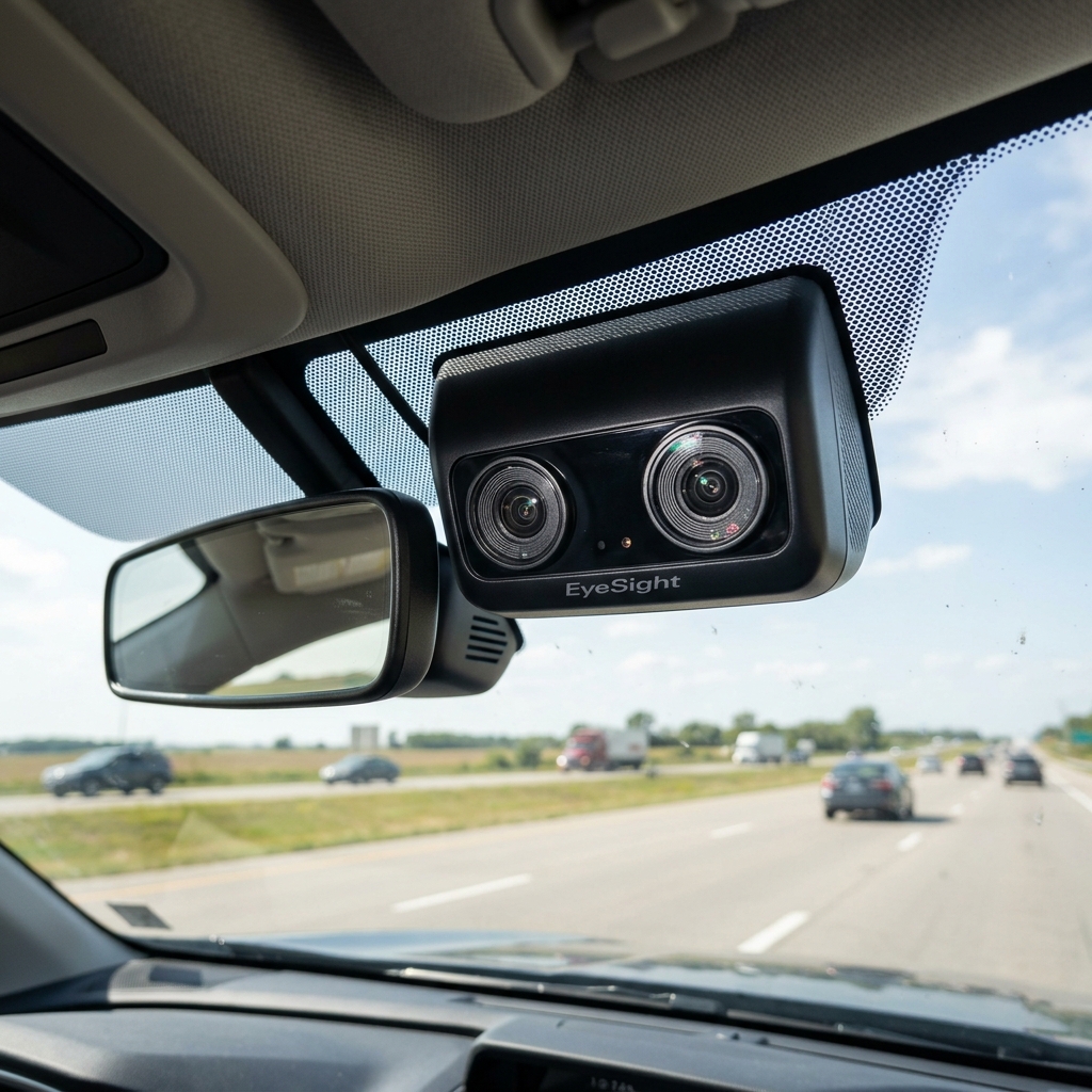 Subaru EyeSight dual stereo cameras mounted next to the rearview mirror on a car windshield while driving. (Representative image for illustration purposes only. Actual vehicle may vary based on trim and configuration.)