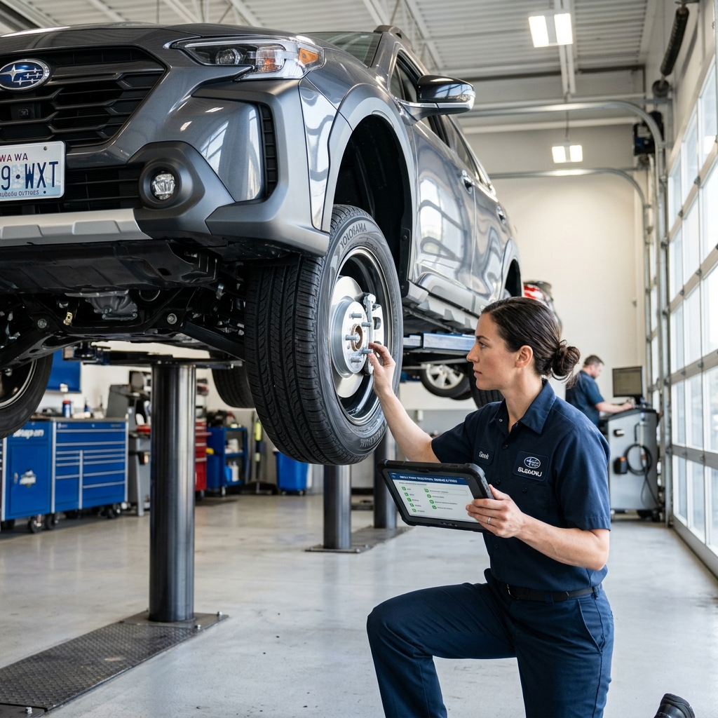 Female Subaru mechanic holding a diagnostic tablet while inspecting an elevated SUV in a service bay. (Representative image for illustration purposes only. Actual vehicle may vary based on trim and configuration.)