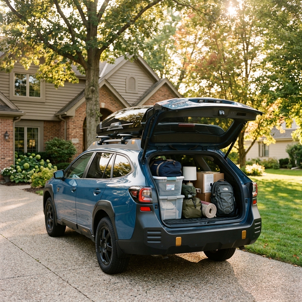 Blue SUV with an open trunk fully packed with luggage, storage bins, and a backpack, plus a roof cargo carrier. (Representative image for illustration purposes only. Actual vehicle may vary based on trim and configuration.)