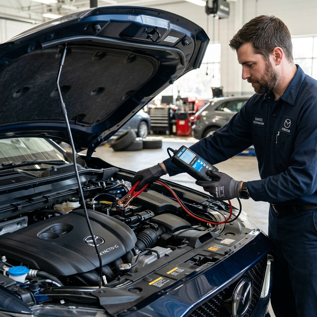 A Mazda technician uses a handheld diagnostic scanner to test a vehicle battery inside an auto repair shop. (Representative image for illustration purposes only. Actual vehicle may vary based on trim and configuration.)