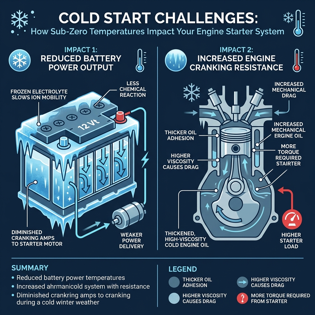 Infographic illustrating how sub-zero temperatures reduce battery power output and increase engine cranking resistance. (Representative image for illustration purposes only. Actual vehicle may vary based on trim and configuration.)