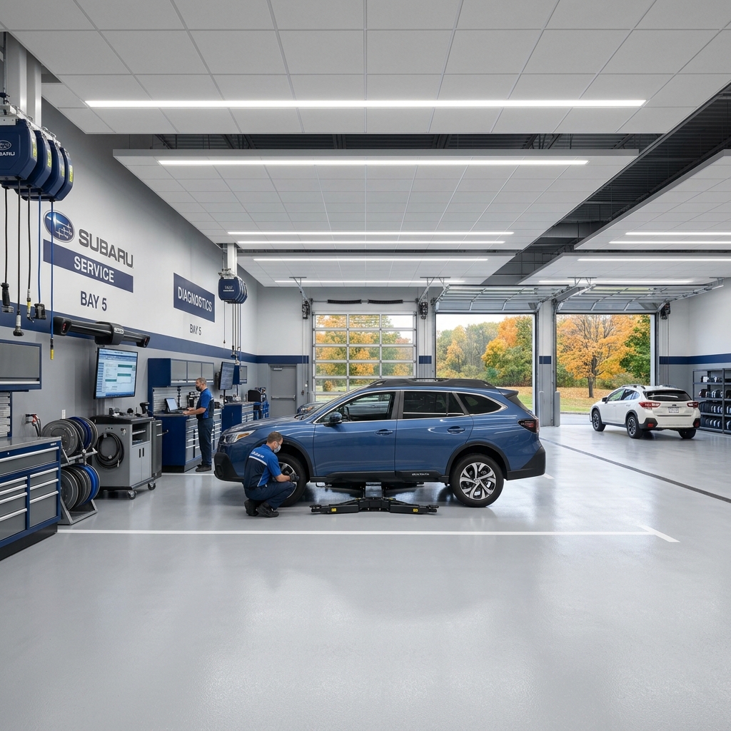 Mechanics servicing a blue Subaru vehicle inside a modern Subaru dealership service bay. (Representative image for illustration purposes only. Actual vehicle may vary based on trim and configuration.)
