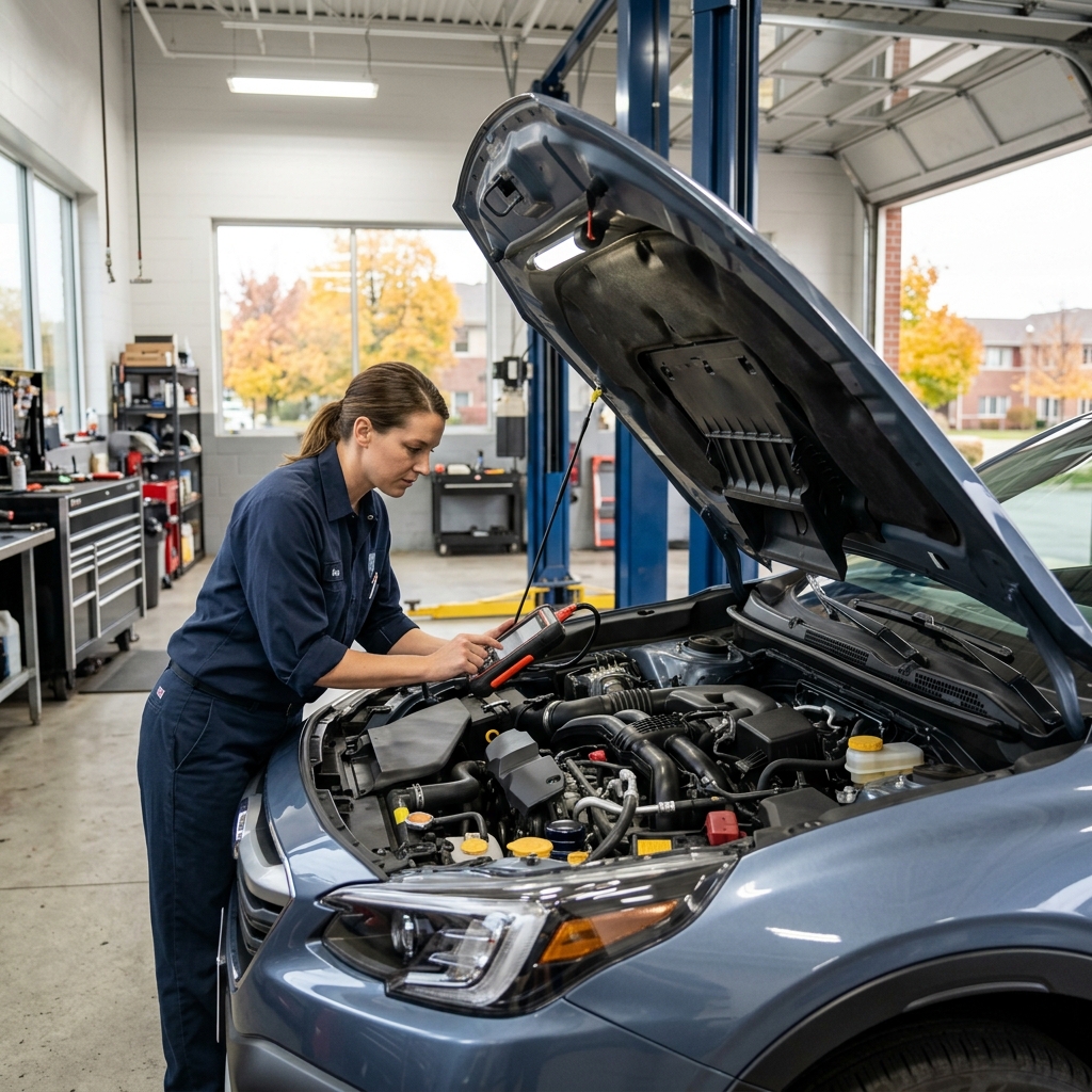 Female mechanic using a handheld diagnostic tool under the open hood of a blue car in a repair shop. (Representative image for illustration purposes only. Actual vehicle may vary based on trim and configuration.)