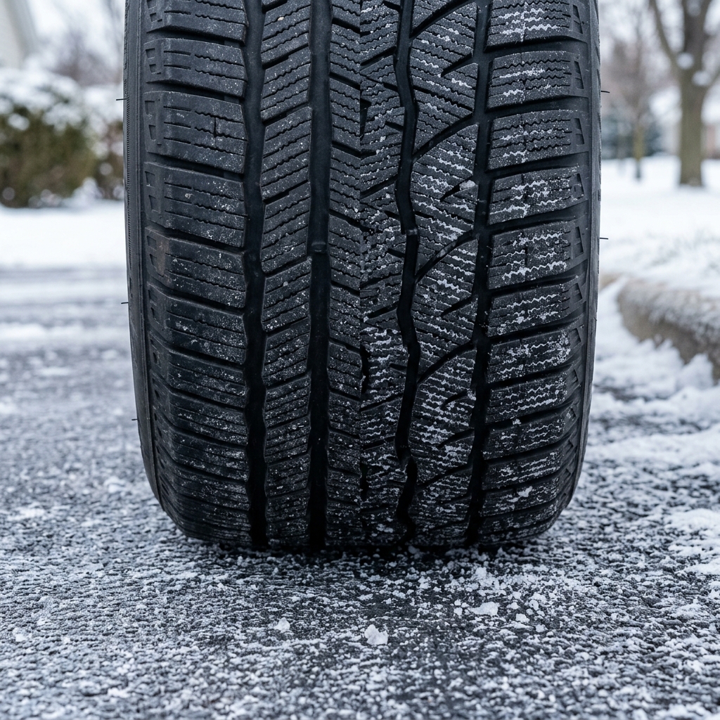 Close-up of a car winter tire tread standing upright on snow-dusted asphalt pavement. (Representative image for illustration purposes only. Actual vehicle may vary based on trim and configuration.)