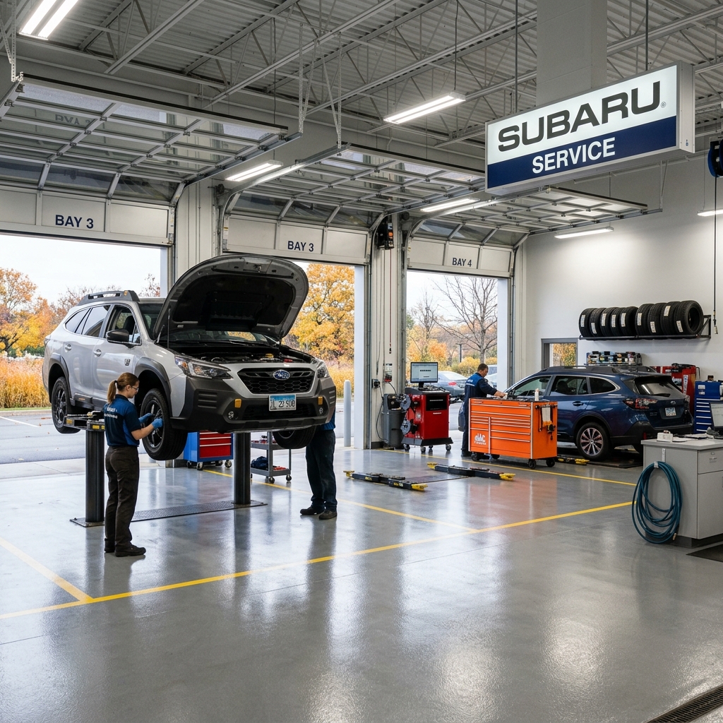 Mechanic working on a silver Subaru SUV raised on a hydraulic lift inside a modern Subaru service bay. (Representative image for illustration purposes only. Actual vehicle may vary based on trim and configuration.)