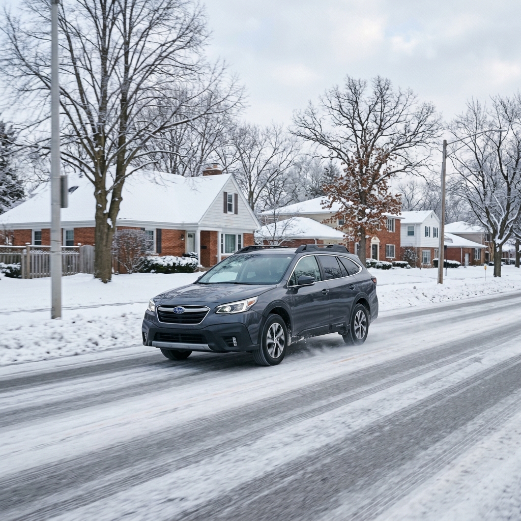 A dark grey Subaru Outback drives along a snow-covered suburban street lined with houses and bare winter trees. (Representative image for illustration purposes only. Actual vehicle may vary based on trim and configuration.)