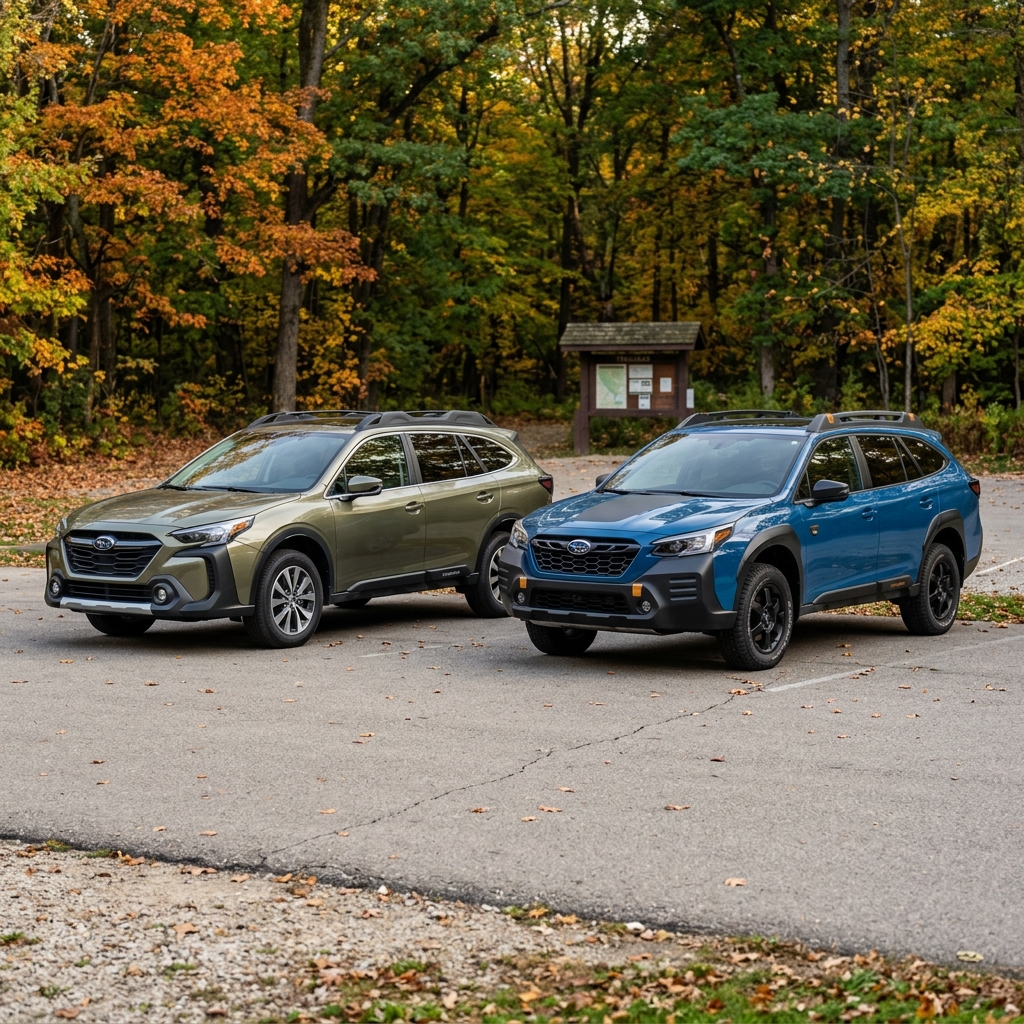An olive green Subaru Outback and a blue Subaru Outback Wilderness parked in a paved lot surrounded by fall trees. (Representative image for illustration purposes only. Actual vehicle may vary based on trim and configuration.)