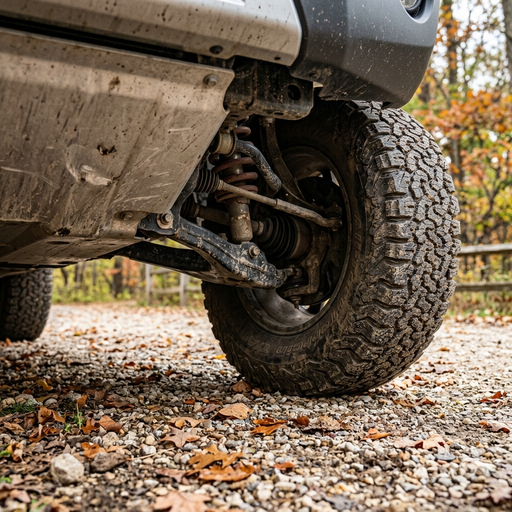 Low-angle close-up of an off-road vehicle's front suspension, skid plate, and all-terrain tire on a gravel road. (Representative image for illustration purposes only. Actual vehicle may vary based on trim and configuration.)