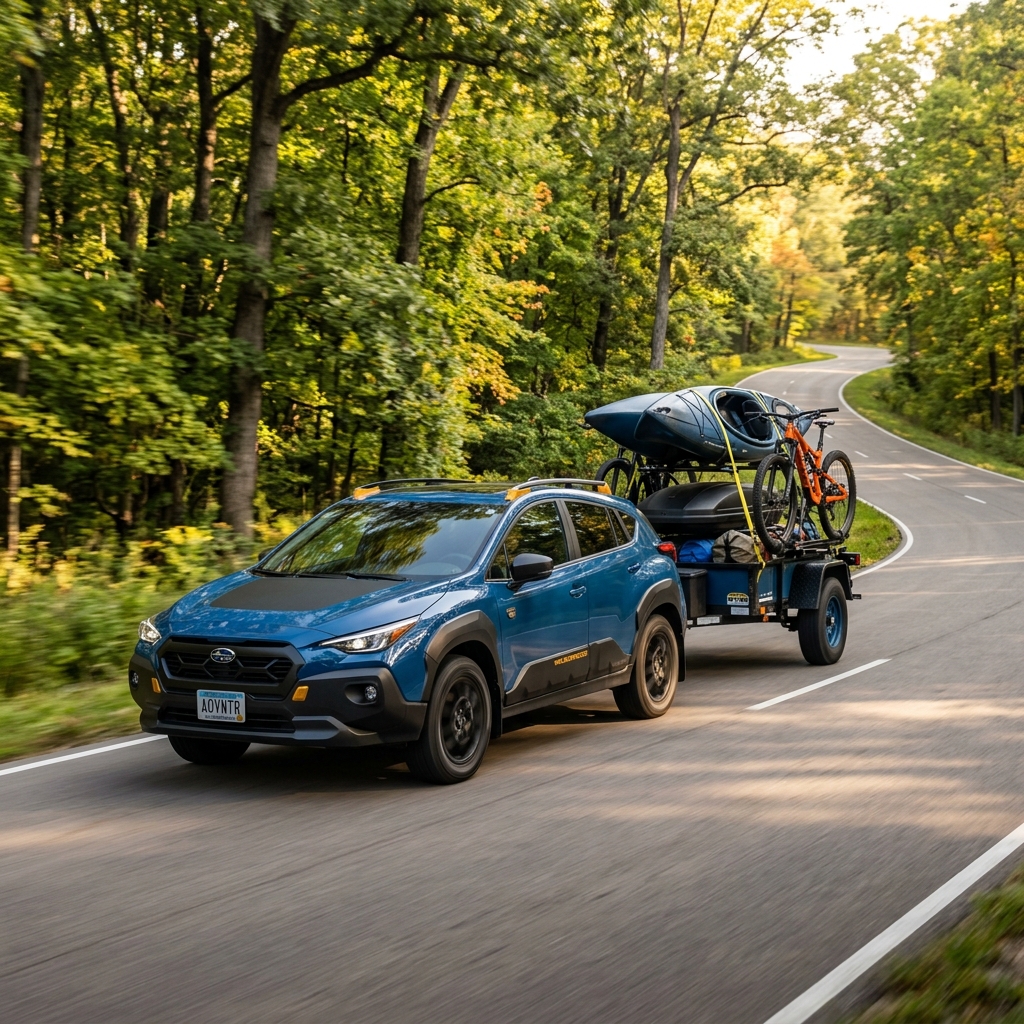 Blue Subaru Crosstrek towing a trailer with a kayak and mountain bike on a winding forest road. (Representative image for illustration purposes only. Actual vehicle may vary based on trim and configuration.)